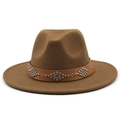 Close-up of brown wool fedora hat featuring a leather band with silver metal studs - Khaki