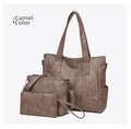 Conjunto de tres piezas de bolso tote camel en cuero sintético con bandolera - Tote Grande + Bandolera Mediana + Estuche Pequeño / Camel