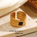 Golden stainless steel wide ring featuring black enamel inlay and triple-layered design - Three-layer Line Square Style (854-6)