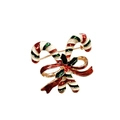 Detailed view of enamel Christmas candy cane brooch with bow and holly accents - Double Candy Canes