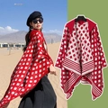 Poncho à capuche ethnique rouge et blanc à losanges pour photos de voyage et d'hiver - Couleur 54