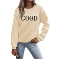 Chic apricot crewneck sweatshirt with black GOOD vibes print in a loose casual fit - S / Khaki