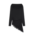 Off-shoulder black long sleeve top with ruching and asymmetrical lace trim detail - S / Black