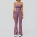 Completo yoga lavanda in due pezzi con top corto e leggings a zampa d'elefante - Taglia S / Canotta+Pantaloni a Zampa-Malva Medio
