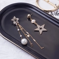 Asymmetric gold star earrings with sparkling rhinestones and white dangling pearls - Gold Asymmetric Star Pearl Earrings (E1867)