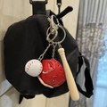 Three-piece baseball keychain with mini white ball, red glove, and wooden bat - 2CM White Ball Long Bat Red