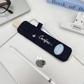 Detail of blue denim pencil holder with pink embroidery and elastic strap on tablet - Denim Dark Blue