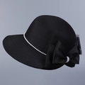 Detail of elegant black sun hat with pearl chain trim and large silk ribbon bow - M (56-58cm) / Black