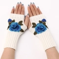 White knit fingerless gloves with blue rose floral embroidery for women - One Size / White Background - Blue Flower