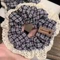 Gingham lace hair scrunchie with brown classic leather tag and cream crochet trim - Plaid Lace Scrunchie