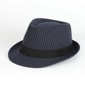 Close-up of navy blue striped cotton fedora hat featuring a stylish black ribbon band - 57cm (Adjustable) / Navy Blue
