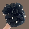Elegant black mesh floral hair claw with pearl beads for voluminous hairstyles - Pearl Claw Clip Black