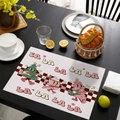 Pink Christmas placemat with cartoon Santa tree and guitar on rustic linen texture - CD57-39