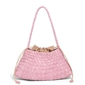 Pink hand-woven leather handbag with drawstring bucket lining and shoulder strap - Rose Pink