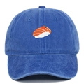 Detail of salmon sushi embroidery on washed blue denim baseball cap with vent holes - Washed Royal Blue