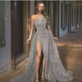 Silver grey one-shoulder sequin evening dress with side slit and shimmer pattern - S / Tops / Gray