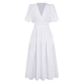 White V-neck tiered maxi dress featuring puff sleeves and an elastic waist detail - S / White