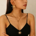 Golden sunflower jewelry set featuring embossed sun earrings and matching T-bar necklace - Gold Sun Studs + Long Necklace Set (10856)