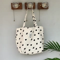 White textured canvas tote bag with black heart patterns and LOVE label for women - Large Capacity Tote Bag