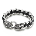 Braided leather bracelet with double dragon heads in polished stainless steel finish - Double Dragon Style (KB43521-D)