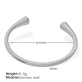 Bracciale rigido aperto in acciaio inossidabile argento, largo 4mm e diametro 61mm - Diametro interno 61mm / Argento