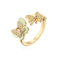 Macro detail of 18K gold-plated butterfly ring with green enamel and sparkling zircons - Adjustable Open / Gold/Light Green (12329)