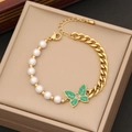 Collana di perle e catena d'oro con ciondolo a farfalla in smalto verde in confezione regalo - 2# Braccialetto