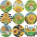 Σετ 8 σουβέρ DIY diamond painting με σχέδια ηλίανθου και μαύρη μεταλλική βάση στήριξης - A-11 Κήπος με Ηλίανθους