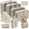 Beige 9-piece travel organizer set featuring mesh storage cubes and toiletry bags - Toiletry & Cosmetic 10-Piece Set / Beige