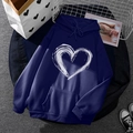 Dark blue fleece hoodie with white heart print and adjustable drawstring hood - S / Top (52) / Dark Blue