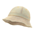 Vintage light blue washed denim bucket hat with decorative orange contrast stitching - Yellow