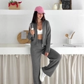 Dark grey knitted two-piece lounge set with zip-up cardigan and wide-leg trousers - S / Gray (Q1073)
