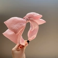 Pink seersucker oversized bow headband with sweet Korean style and glossy texture - Pink