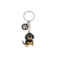 Metal dachshund keychain with black and tan dog charm and white paw print pendant - Fat Dachshund + Paw