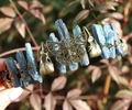 Detailed view of handmade bronze tiara with raw blue crystals and butterfly charm - Butterfly Raven Skull Style / Kyanite/Antique Bronze Wire