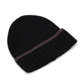 Close-up of black knitted beanie showing fine texture and brown grey striped cuff detail - Black