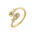 Golden evil eye double fish open ring with clear zircon inlay and blue enamel details - Gold Fish Style (11841) / Adjustable Open