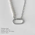 Silver stainless steel necklace featuring white pearls and asymmetric link chain - Half Pearl Paperclip Necklace (XNL0044) / Large Clasp 25x13mm / Silver