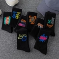 Black mid-calf cotton socks with colorful graffiti prints like LIFE IS GOOD and LOVE - 8 Pairs (Styles 18, 19, 22, 26-30)