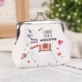 White canvas coin purse with colorful unicorn print and secure metal buckle closure - Heart Alpaca