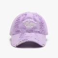 Distressed light purple baseball cap with white letter embroidery and vintage torn details - Purple