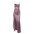Elegant mauve satin slim-fit midi dress with ruched detail and high side slit - XS / Dusty Pink