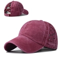 Gorra de béisbol para coleta de algodón lavado burdeos con diseño trasero cruzado - Ajustable / Coleta Cruzada Rojo Vino Engrosada