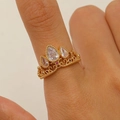 Detail of gold crown ring featuring pear-cut cubic zirconia and hollow filigree design - Gold Triple Pear Crown Ring (WG0-1132)