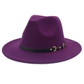 Detail of dark purple wool fedora hat featuring a black leather band and gold metal buckle - M (56-58cm) / Purple