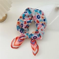 Lightweight cotton linen square scarf with vibrant floral print and striped border - Red-Blue Floral-Colored Frame