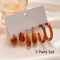 Set de 3 pares de pendientes de resina ámbar con formas de gota y aros C retro - Aguja de Plata - Café (Juego de 6 Piezas)