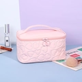 Pink heart quilted makeup bag in PU leather with dual ring pull zippers and a top handle - Rectangular Storage Bag / Pink