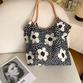Floral canvas tote bag with white polka dots and large flower patterns in navy blue - Large Black Flower