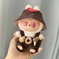 Labubu doll in brown corduroy bucket hat and overalls with heart embroidery accessories - Ice Cream Cone Overalls + Brown Heart-shaped Hat / First And Second Generation Keychains Are Compatible With La Cloth Dolls. Dolls Not Included.